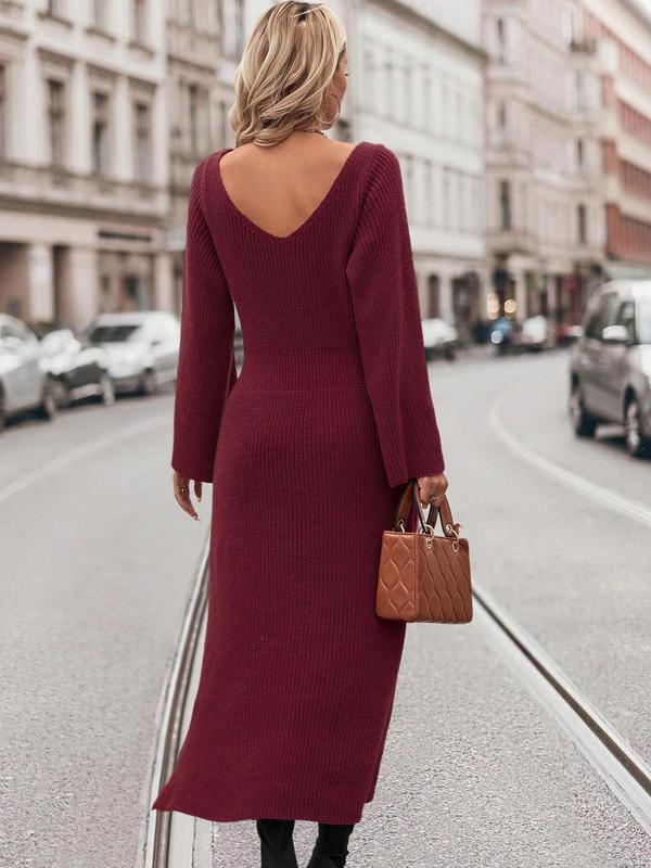 Women's Random Print Flounce Sleeve Split Hem Sweater Dress, Casual V Neck Long Sleeve Knitwear Dress for Fall & Winter, Dresses for Women, Fashion Women's Clothing for Daily Wear