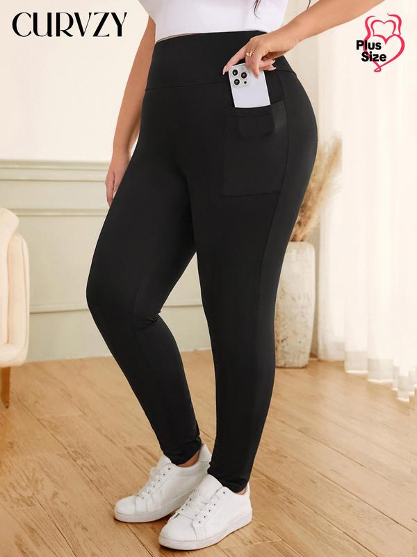 CURVZY Plus Size Solid High Waist Pocket Leggings, Casual Comfy Breathable Skinny Pants for Daily Wear, Women's Bottoms for All Seasons