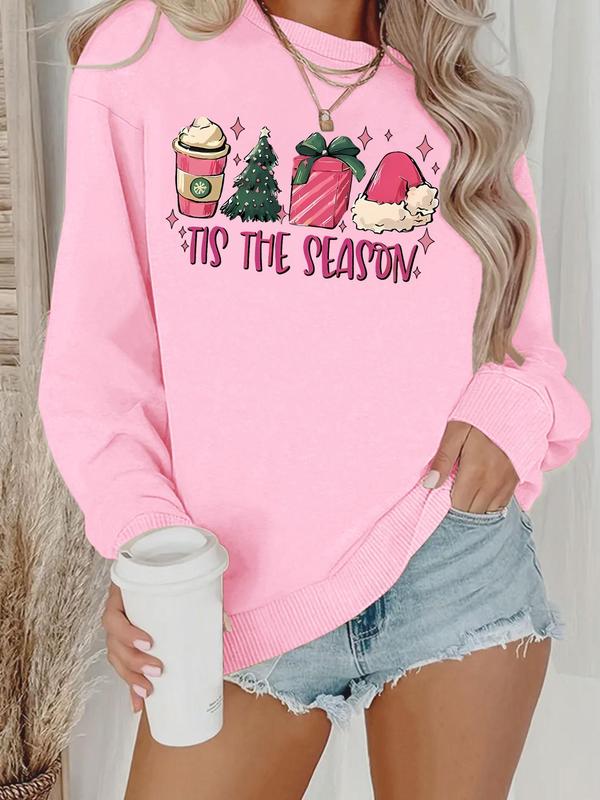 Women's Christmas Themed Letter Print Drop Shoulder Sweatshirt, Casual Long Sleeve Round Neck Pullover for Daily Wear, Ladies Clothes for All Seasons