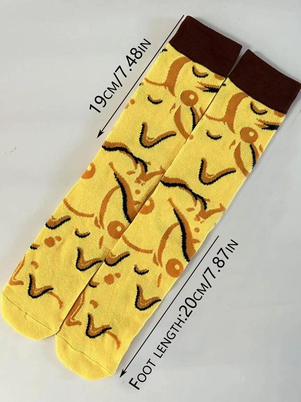 Women's Cartoon Pizza Print Mid-calf Socks, Cute Comfy Breathable Socks for Daily Wear, Women's Socks for All Seasons