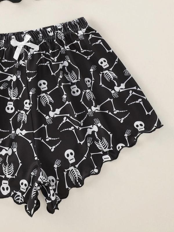 Women's Chic Halloween Skull Panda Halloween Print Lettuce Trim Graphic Loungewear Pajama Set, Lady Casual Comfortable Sleeveless Crop Tops & Shorts Set, Women's Sleepwear for Summer Homewear, All-match Wear, Womenswear Pajama