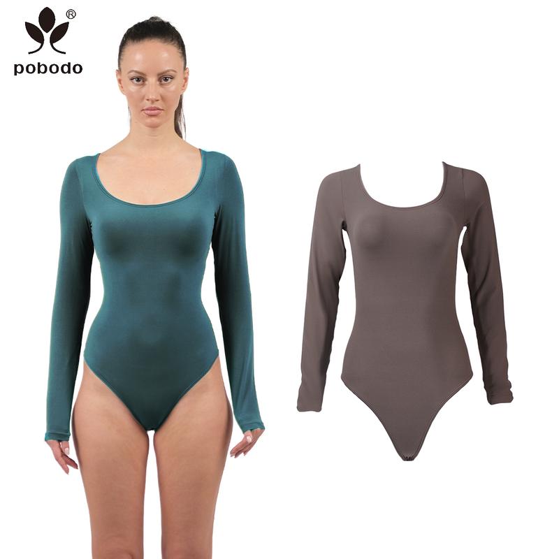 Pobodo Winter tight casual cost-effective two-piece set Women's Seamless Shape Long Sleeve Thong Top Lingerie Comfortable Women's Basic