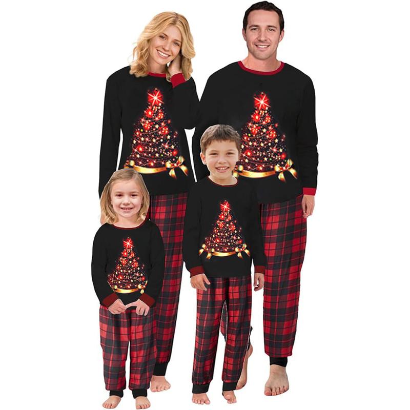 2024 New Xmas Pj's Clothes Christmas Family Pajamas Matching Set Elk Print Long Sleeve Tops and Stretch Plaid Pants Sleepwear Soft Nightwear Homewear Loungewear