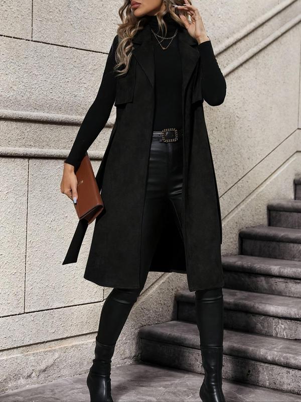 Women's Solid Lapel Belted Vest Coat, Coats for Women, Casual Fashion Longline Outerwear for Daily Outdoor Wear, Women's Clothing for Fall & Winter, Going Out Outfits