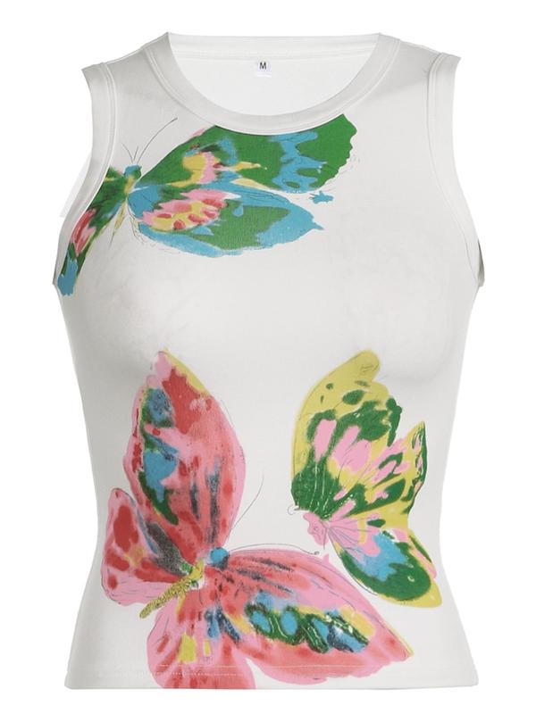 Women's Butterfly Print Round Neck Tank Top, Y2k Trendy Crew Neck Sleeveless Top for Summer, Tank Tops for Women, Women's Top for Daily Wear