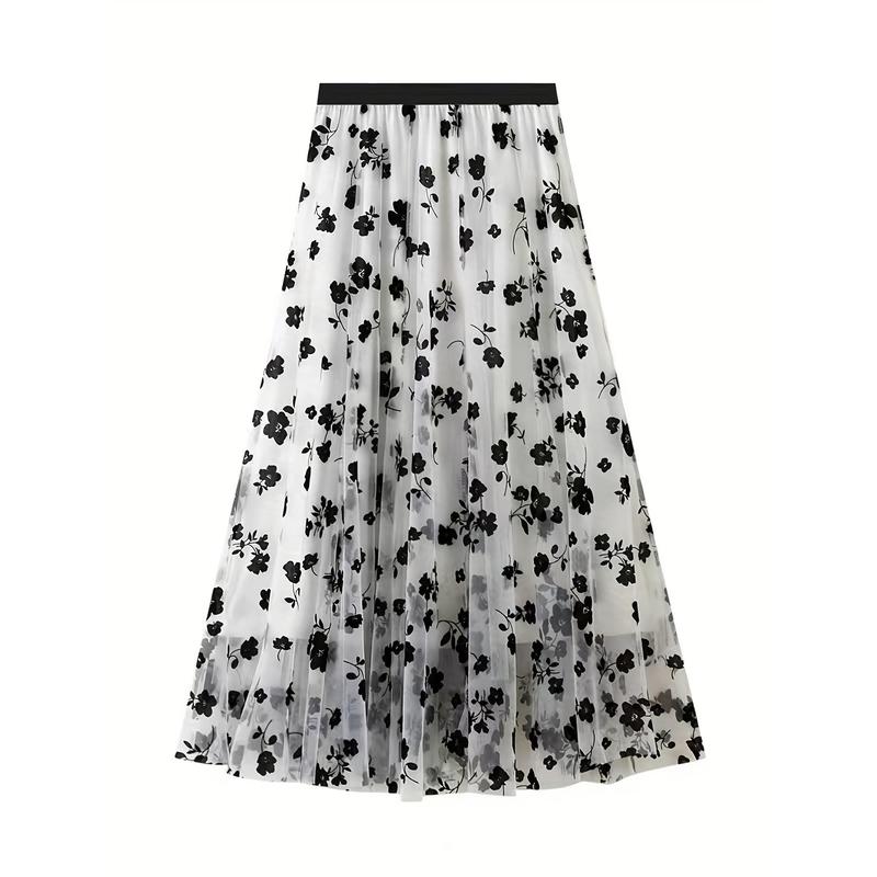 Plant Print Tulle Skirt, Elegant High Waist Long Skirt, Women's Clothing