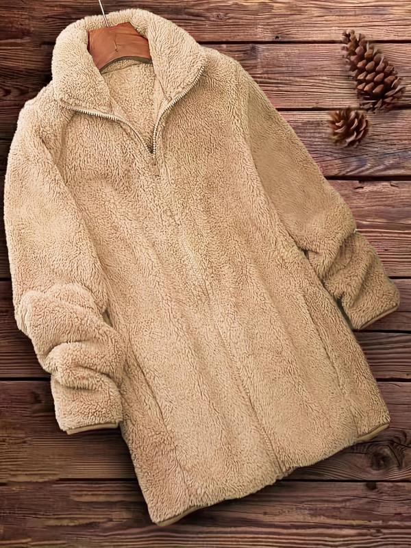  Solid Funnel Neck Zip Up Fuzzy Coat, Casual Long Sleeve Pocket Outerwear for Fall & Winter, Women's Clothes for Daily Wear