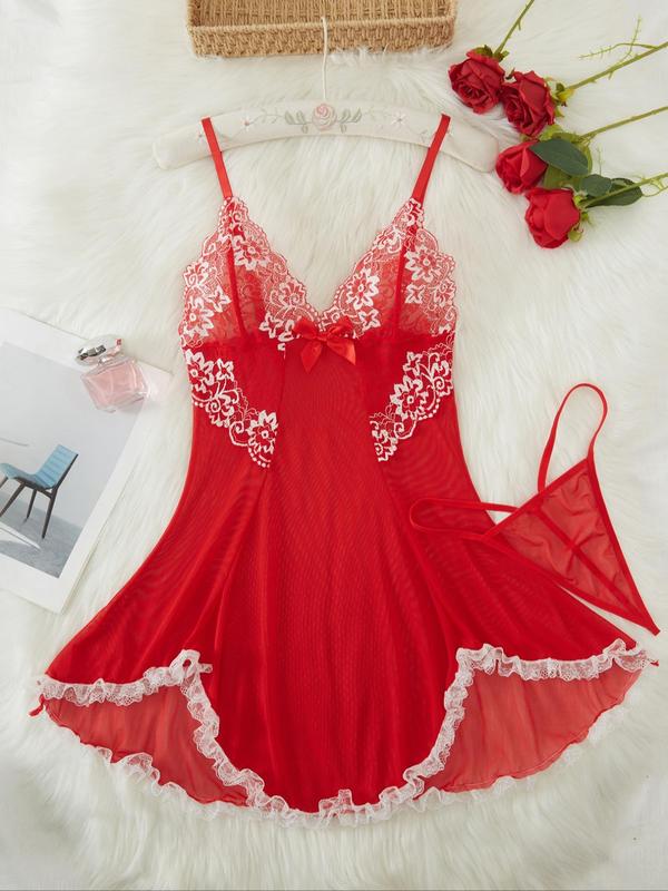 Women's Contrast Lace Bow Decor Cami Nightdress with Thong, Night Gown for Women, Romantic Spaghetti Strap Backless V Neck Asymmetrical Nightgown, Ladies Sleepwear for All Seasons, Night Dress Sleepwear Womenswear Loungewear Comfort Dresse