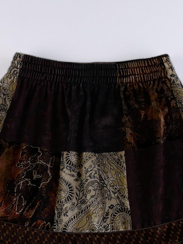 Women's Colorblock Patchwork Print Velvet Skirt, Lady Street A-line Skirts, Casual Comfort Summer Bottoms, Faldas Para Mujeres, Womenswear, Vintage 90s Clothing