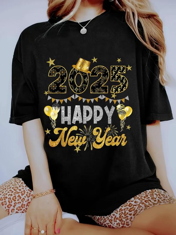 Women's 2025 New Year Letter & Balloon Print Round Neck Tee, Casual Short Sleeve  T-shirt for Summer, Fashion Women's Top for Daily Wear