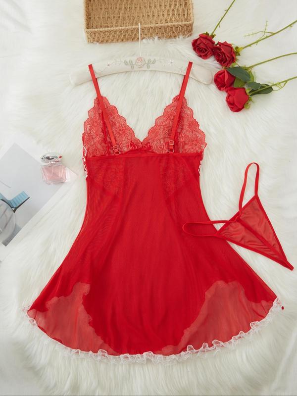 Women's Contrast Lace Bow Decor Cami Nightdress with Thong, Night Gown for Women, Romantic Spaghetti Strap Backless V Neck Asymmetrical Nightgown, Ladies Sleepwear for All Seasons, Night Dress Sleepwear Womenswear Loungewear Comfort Dresse