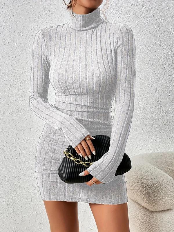 Women's Thin Minimalist Ribbed Knit Long Sleeve Turtle Neck Bodycon Dress, Longsleeves High Neck Short Tight Dresses Basic Comfortable Lady Casual Womenswear