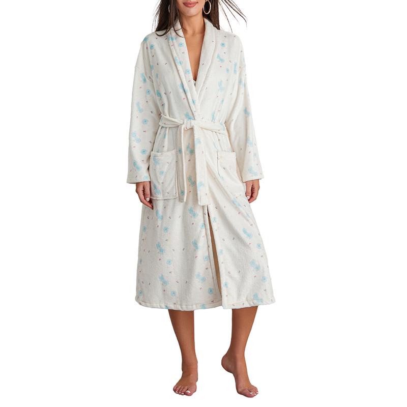 Women Dressing Gown Flannel Robe Floral Print Shawl Collar Bathrobe for Hotel Spa Party Kimono Robe with Belt