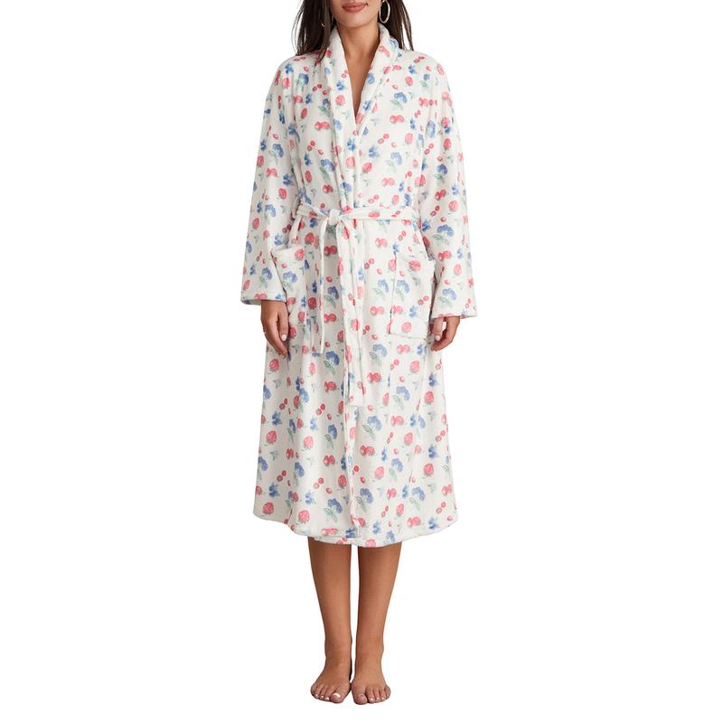 Women Dressing Gown Flannel Robe Floral Print Shawl Collar Bathrobe for Hotel Spa Party Kimono Robe with Belt