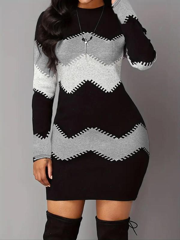 Women's Plus Size Chevron Print Bodycon Dress without Necklace, Elegant Long Sleeve Round Neck Knit Dress, Women Plus Clothes for Fall & Winter