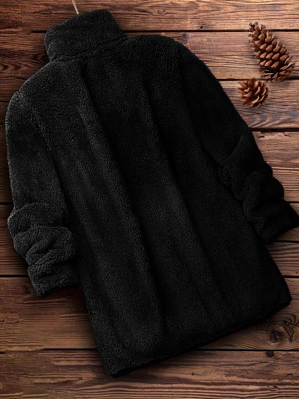  Solid Funnel Neck Zip Up Fuzzy Coat, Casual Long Sleeve Pocket Outerwear for Fall & Winter, Women's Clothes for Daily Wear