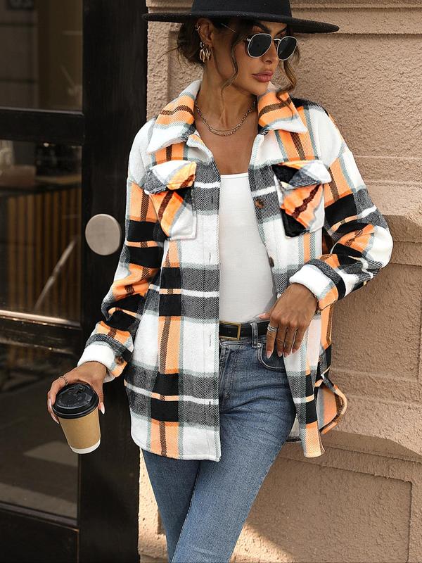 Women's Plaid Print Button Front Drop Shoulder Flap Pocket Fuzzy Jacket, Casual Long Sleeve Collared Outerwear for Fall & Winter, Ladies Clothes for Daily Wear