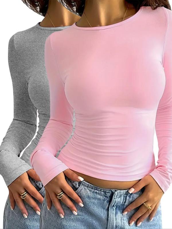 Women's Solid Long Sleeve Lounge Tee, Casual Comfy Round Neck T-shirt for Spring & Fall, Fall Wear, Sleep T Shirts for Women, Ladies Sleepwear for Daily Wear