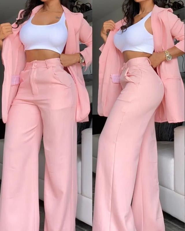 Comfortable and elegant solid color slit lapel suit pocket straight pants suit women fashion clothing