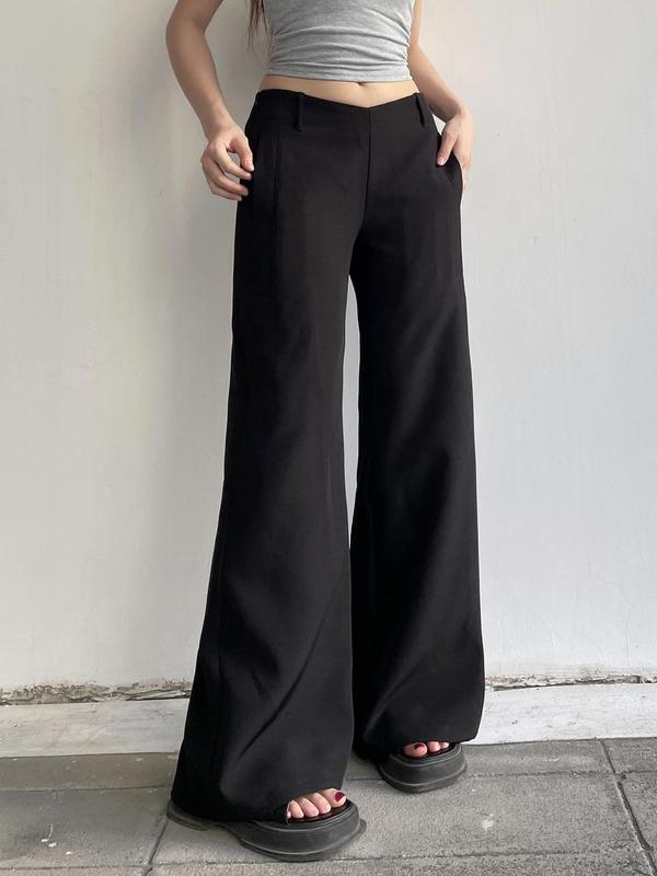 Women's Plain Pocket Zipper Wide Leg Pants, Casual Comfy Trousers for Daily Wear, Ladies Bottoms for Summer