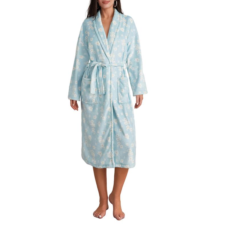 Women Dressing Gown Flannel Robe Floral Print Shawl Collar Bathrobe for Hotel Spa Party Kimono Robe with Belt