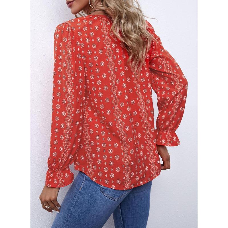 Dokotoo Women's Casual Boho Floral Printed V Neck Tops Drawstring Short Long Sleeve T Shirt Blouses