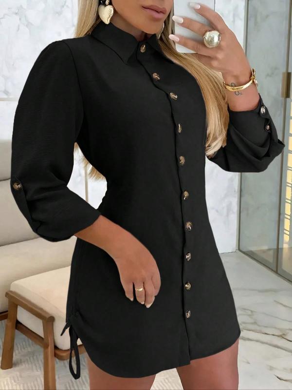 Women's Plain Button Front Shirred Shirts, Casual Rolled Sleeve Collared Drawstring Shirts for Spring & Fall, Ladies Clothes for Daily Wear, Fall Clothes 2024