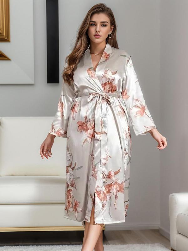 Plus Size Floral Print Belted Satin Robe, Casual Comfy Long Sleeve Dressing Gown, Women's Sleepwear for All Seasons